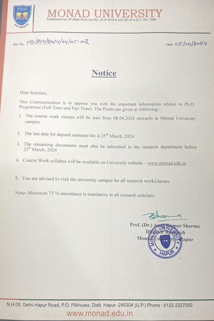 Notice of Ph.D Course Work 2024-25